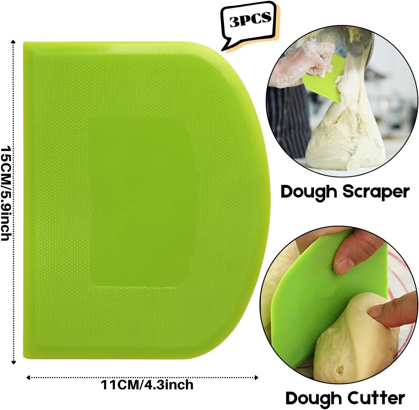 SURDOCA Dough Scraper Bench Scraper - 3P 5.9x4.3" Plastic Flexible Bowl Scraper, Sharp Edge & Angles Cake Scraper. Non-Slip Bakeware Decorating Tools Sculpting & Modeling Tools - Green+Blue+White