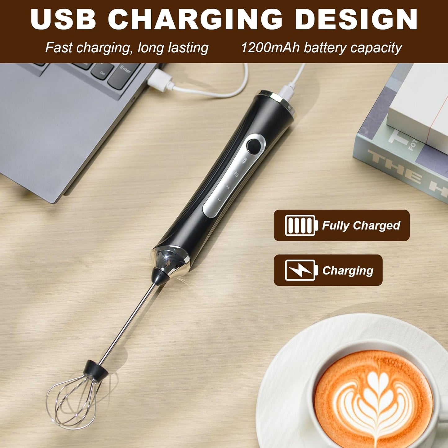 Handheld Electric Milk Frother with 2 Heads, Coffee Whisk Foam Mixer with USB Rechargeable 3 Speeds, Foam Maker Blender for Latte, Cappuccino, Hot Chocolate, Egg (Black)