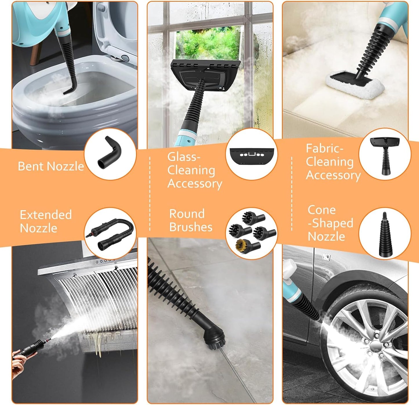 Pressurized Handheld Multi-Surface Natural Steam Cleaner with 12 pcs Accessories, Multi-Purpose Steamer for Home Use, Steamer for Cleaning Floor, Upholstery, Grout and Car (Blue)