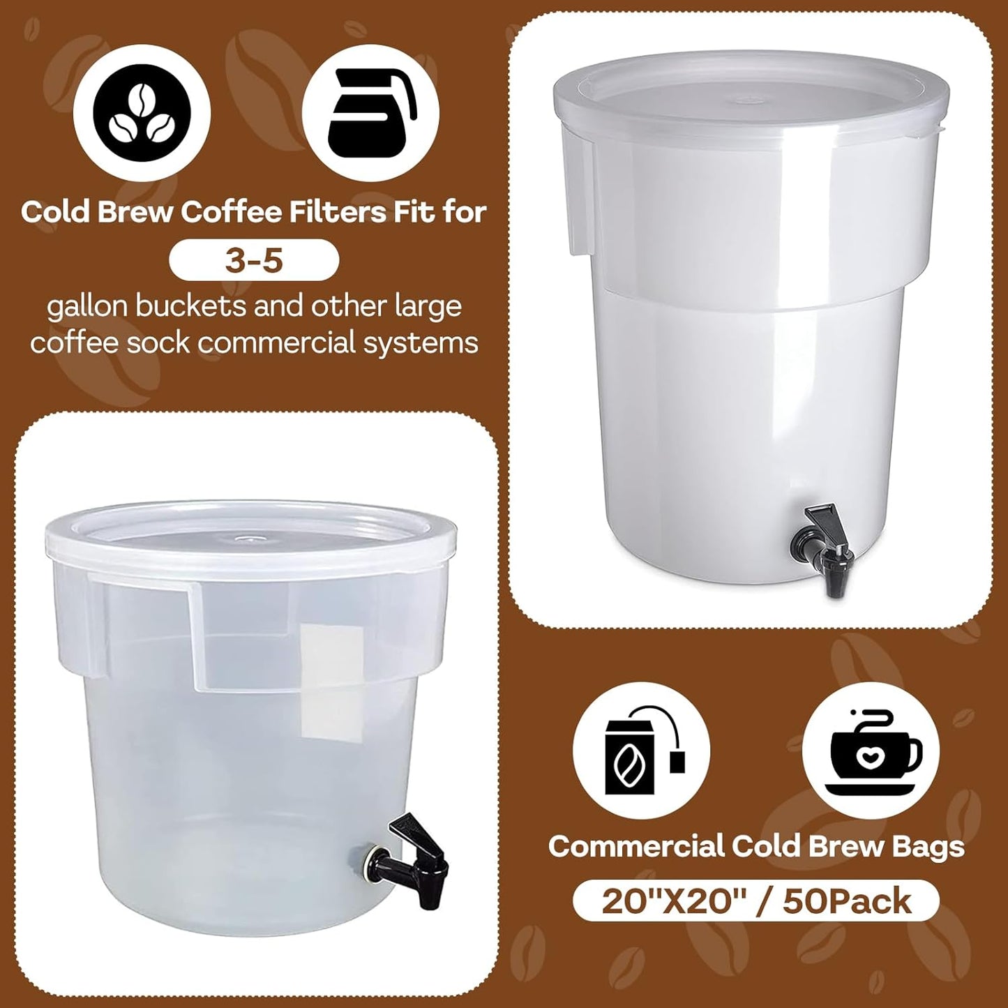 50Pcs Commercial Cold Brew Coffee Filters for 5 Gallon Buckets, 20" X 20" Disposable Coffee Filters with Drawstring for Brew Up To 5 LBS Coffee