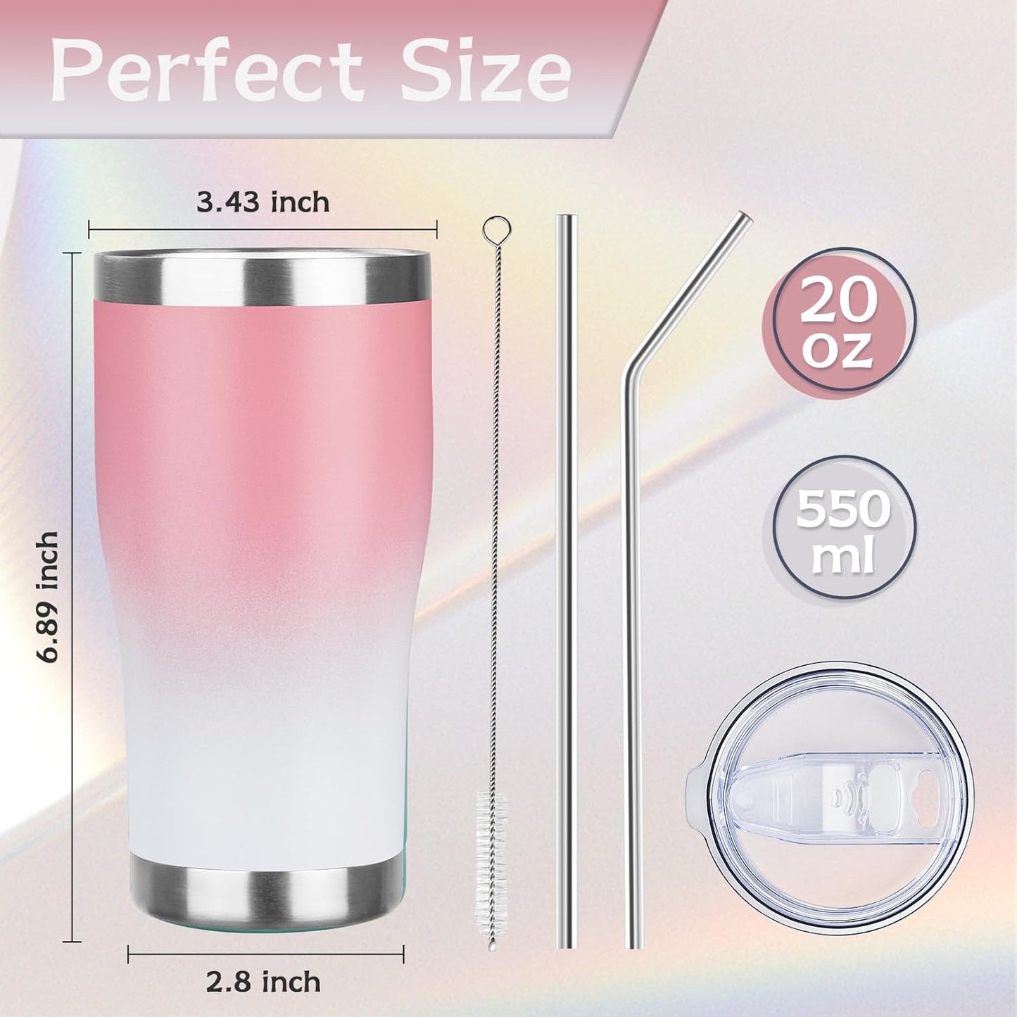 MEZMUT 20oz Coffee Tumbler with Lid and Straw Double Wall Vacuum Insulated Cup Stainless Steel Travel Mugs Insulated for Hot and Cold Leakproof Powder Coated Tumbler for Indoor and Outdoor(Pink White)