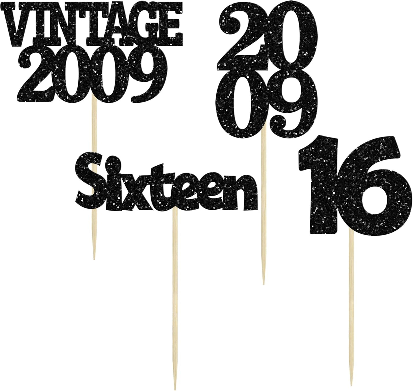 Gyufise 24Pcs 16th Birthday Cupcake Toppers Glitter Sixteen Vintage 2009 Sweet 16 Cupcake Picks Hello 16 Years Birthday Cake Decorations for Happy 16th Birthday Anniversary Party Supplies Black