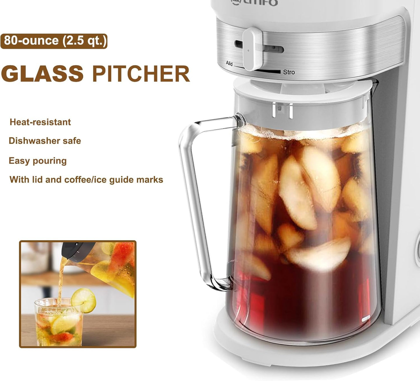 LITIFO Iced Tea Maker and Iced Coffee Maker Brewing System with 2.5-quart Pitcher, sliding strength selector for Taste Customization, Stainless Steel (White)