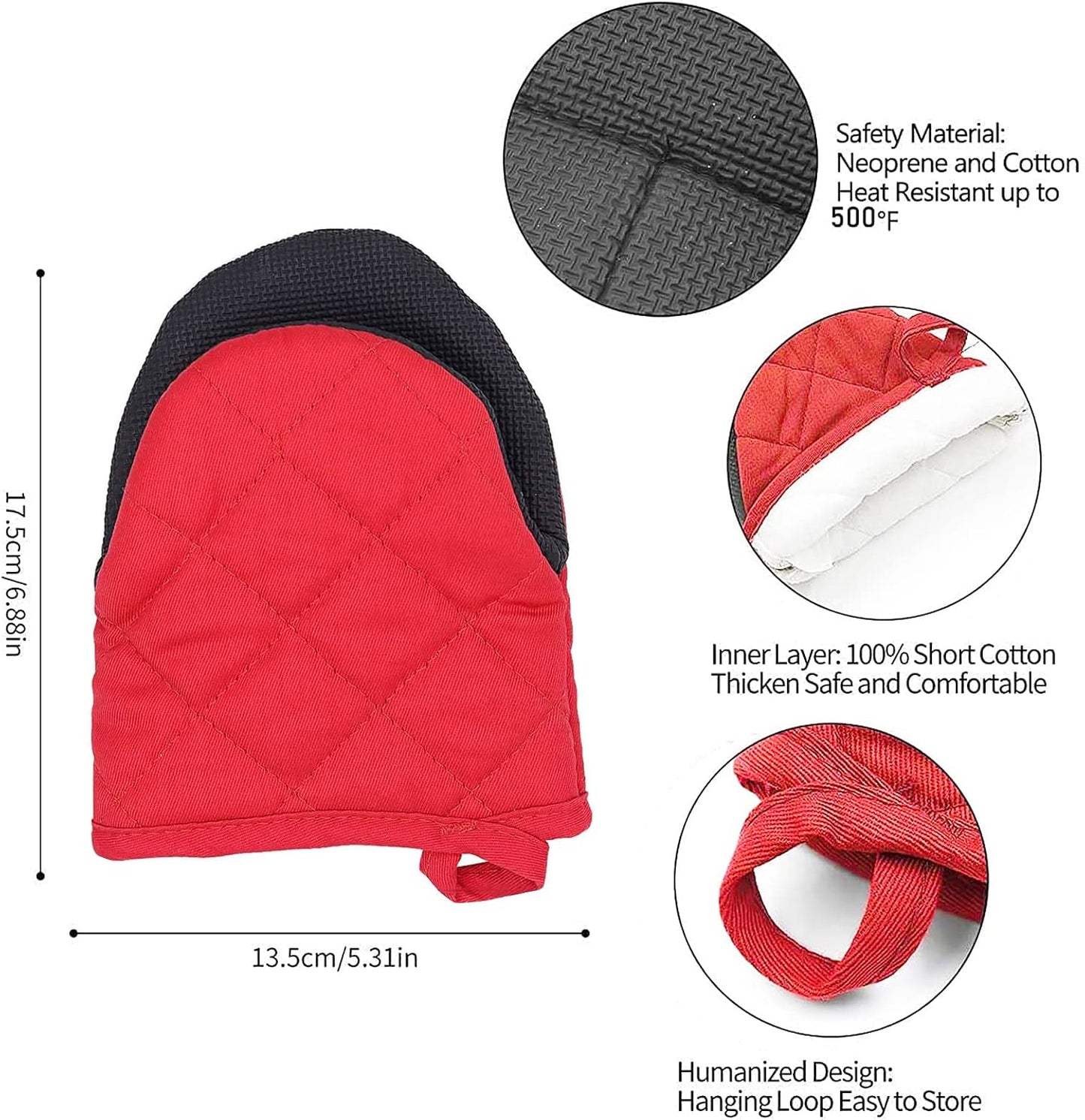 1 Pair Short Oven Mitts, Heat Resistant Silicone Kitchen Mini Oven Mitts for 500 Degrees, Non-Slip Grip Surfaces and Hanging Loop Gloves, Baking Grilling Barbecue Microwave Machine Washable