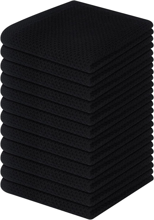 Homaxy 100% Cotton Waffle Weave Kitchen Dish Cloths, Ultra Soft Absorbent Quick Drying Dish Towels, 12 x 12 Inches, 12-Pack, Black