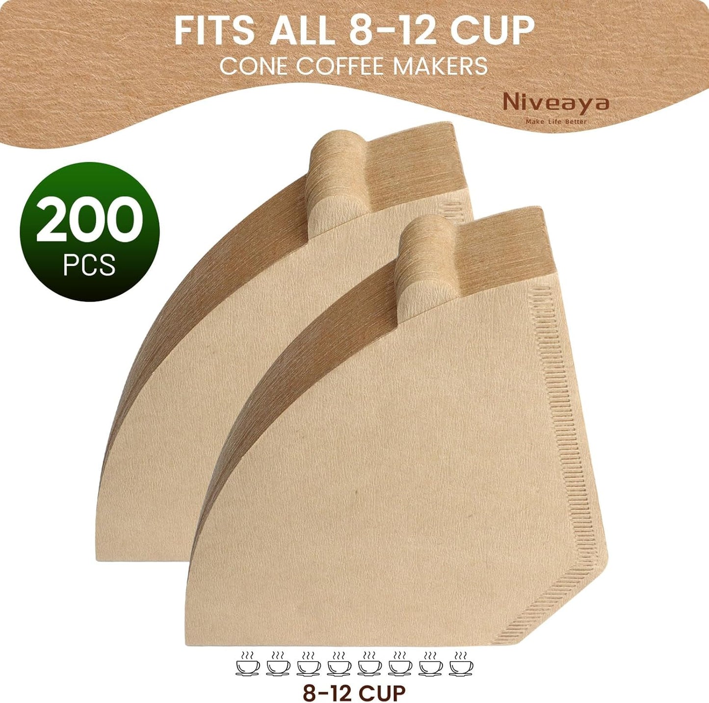 Niveaya Coffee Filters 8-12 cup - 200 Count, Size #4 Unbleached Natural Brown, Disposable for Pour Over and Drip Coffee Maker