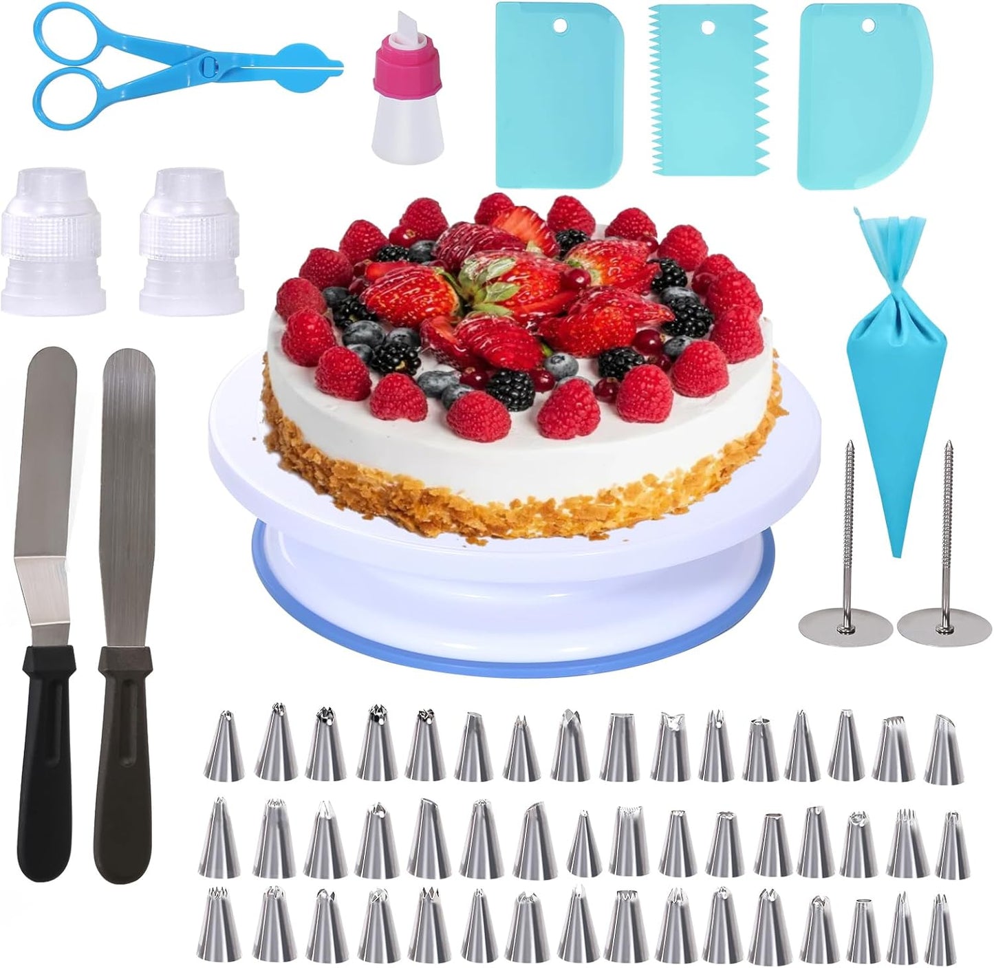 Uten 60PCs Cake Decorating Supplies Kit, Cake Decorating Stand Set with 11'' Cake Turntable, 48 Numbered Icing Piping Tips, 2 Spatulas, 3 Icing Comb Scraper, 1 Scissor, 1 Piping Bags, Baking Tools