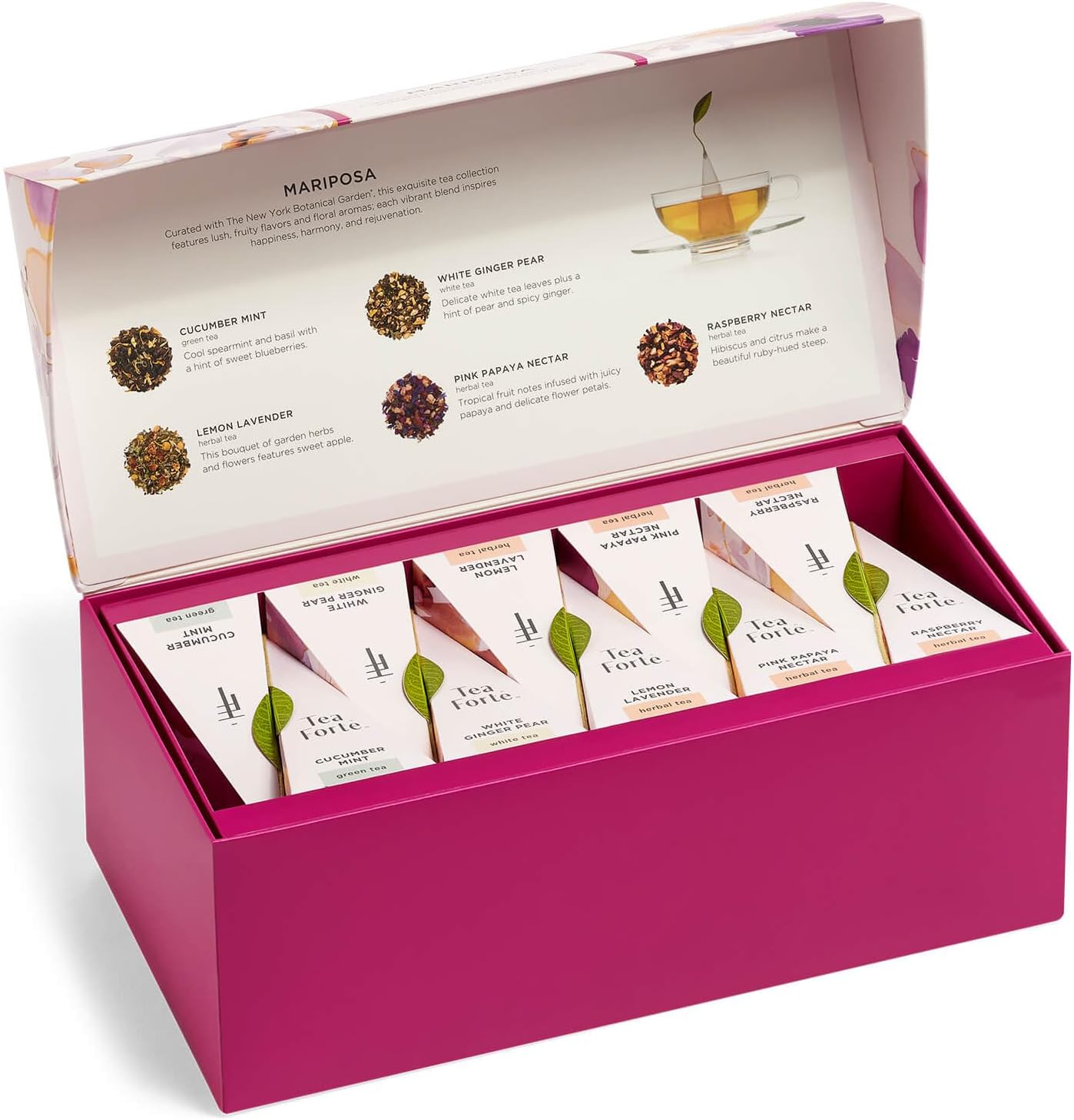 Tea Forte Mariposa Presentation Box Tea Gift Sampler, 20 Count, 2 of Each Variety Individually Wrapped Handcrafted Pyramid Infuser Bags