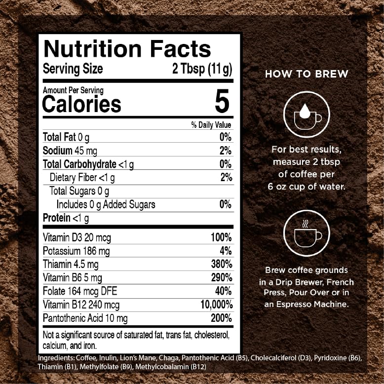 VitaCup Focus Mushroom Coffee Grounds, with Lions Mane, Chaga, B Vitamins, D3, Boost Focus, Immunity, Memory & Clarity, Medium Dark Roast, Bold & Smooth 100% Arabica Specialty, 4 bags, 10oz each