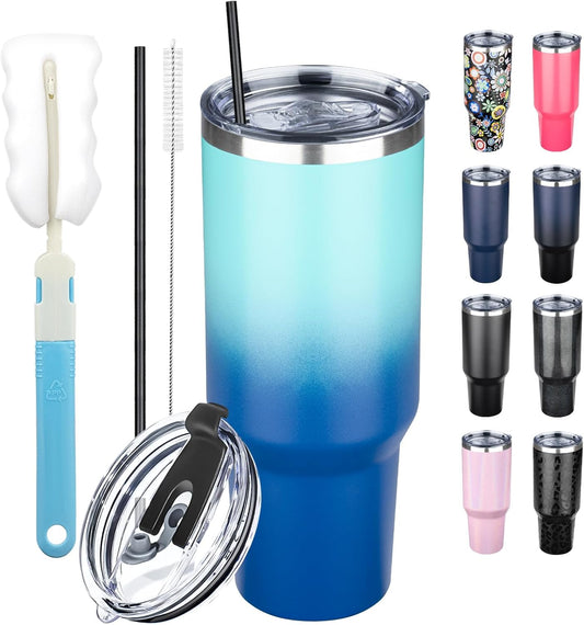 40 oz Tumbler with Lids and Straws, Stainless Steel Insulated Coffee Tumbler, Double Wall Vacuum Insulated Travel Mug Cup, Leakproof Thermal Coffee Cup for Hot and Cold Drink (Light Dark Blue)