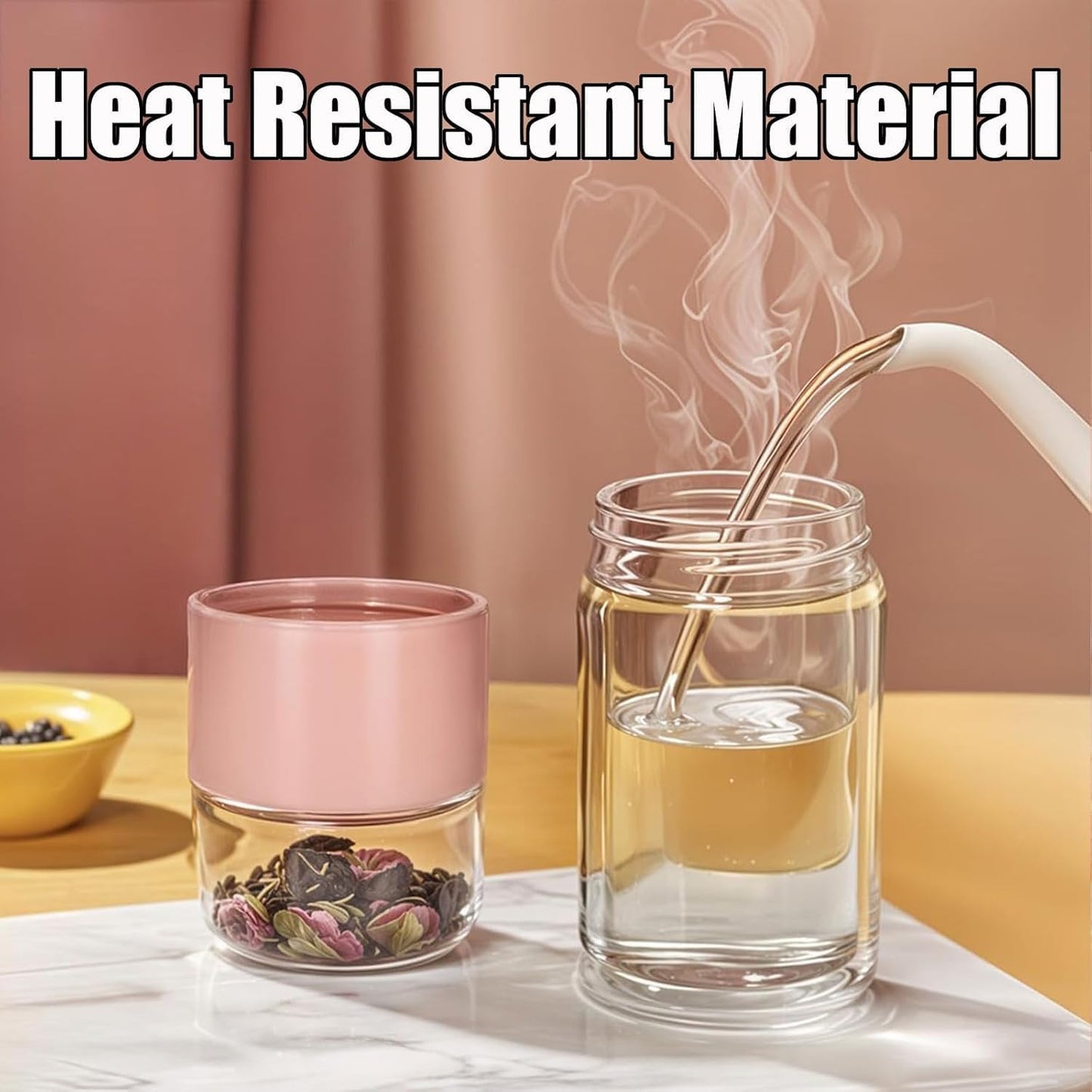 Tryteava Glass Infuser, Tryteava 3-in-1 Smart Tea Infuser, Portable Glass Double Wall Tea Infusers Bottle, with Stainless Steel Filter, Hot & Cold Brew, For Loose Leaf, Office Home (Gold, 420ml)