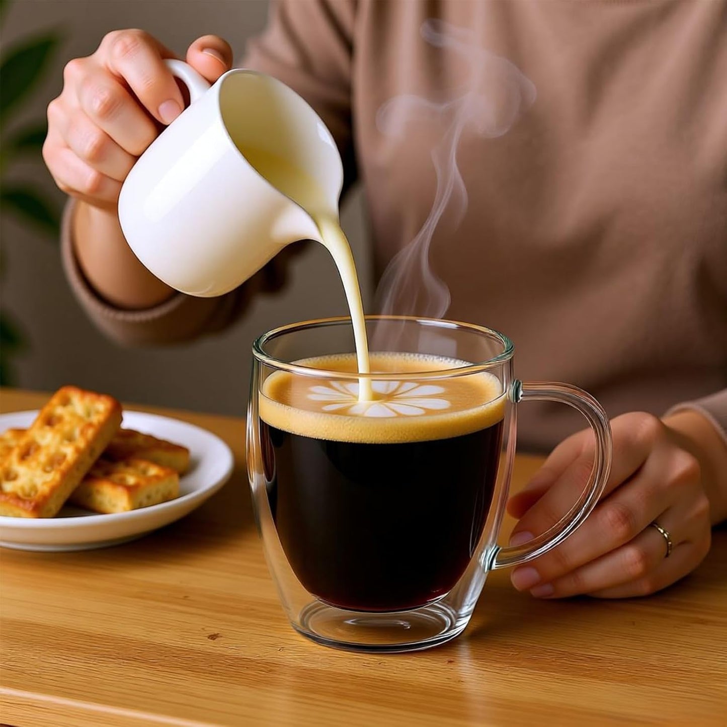 Set of 4 Double Walled Glass Coffee Mugs with Handles, 12oz Clear Coffee Mugs for Hot/Cold Beverages, Insulated Borosilicate Glass Cups for Cappuccino, Espresso, Latte, Tea, Milk, Microwave Safe