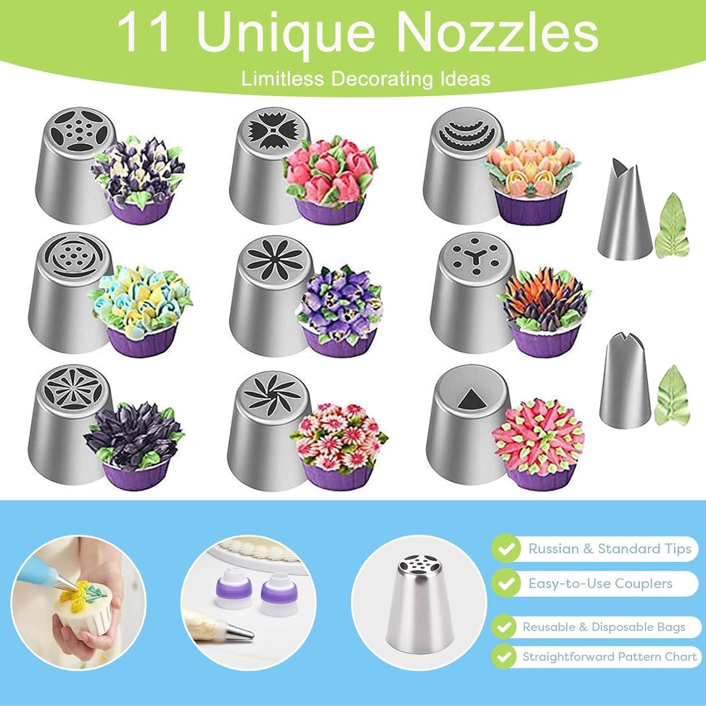 24-Piece Russian Piping Tips Set, Cake Decorating Kit with 9 Frosting Nozzles, Reusable Piping Bags, and Baking Supplies for Cupcakes, Cookies, Cakes - Ideal for Bakers & Beginners