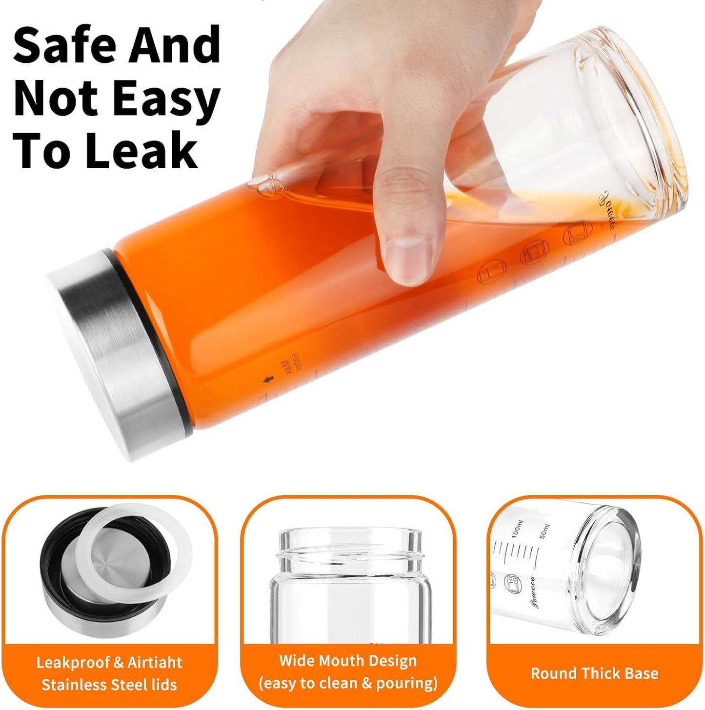 Glass Juice Bottles 6 Pack 12 oz - Wide Mouth Glass Water Bottles with Lids - for Juicing, Protein, Smoothie, Milk, Reusable, BPA Free, Stainless Steel Lids, Blender, Shaker Bottle (12oz/400ml)