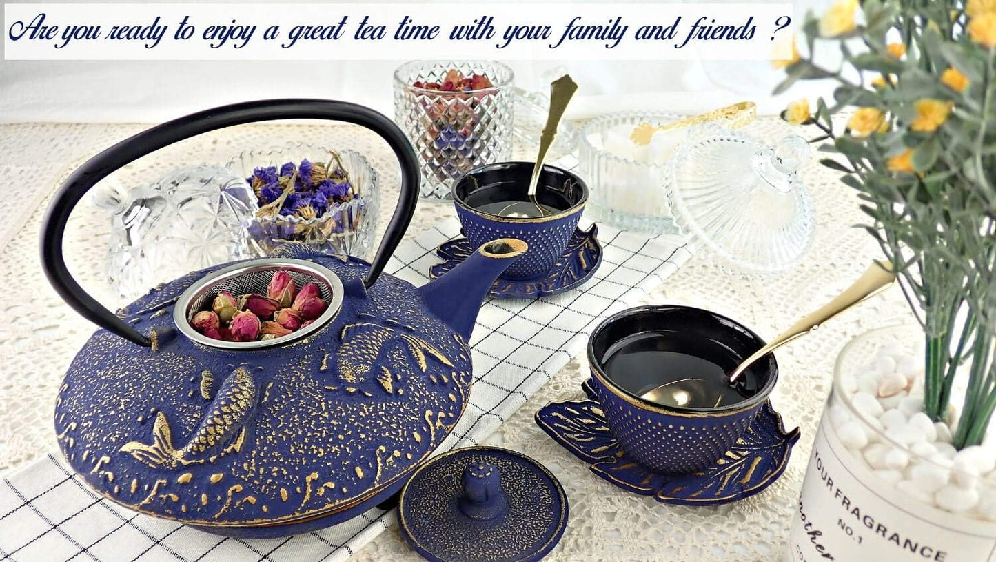 7PC Japanese Tea Set."Midnight Blue Koi" Cast Iron Tea Pot with 2 Tea Cups, 2 Saucers, Tea Infuser and Teapot Trivet. Ceremonial Matcha Accessories