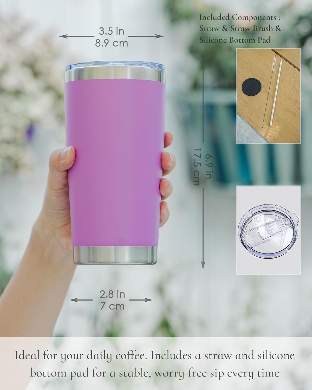 Travel Coffee Tumbler 20oz, 8 Pack Leakproof Travel Coffee Mug with Lid and Straw, Stainless Steel Double Wall Vacuum Insulated Tumbler for Hot/Iced Drinks (Textured Matte, Lilac Pink)