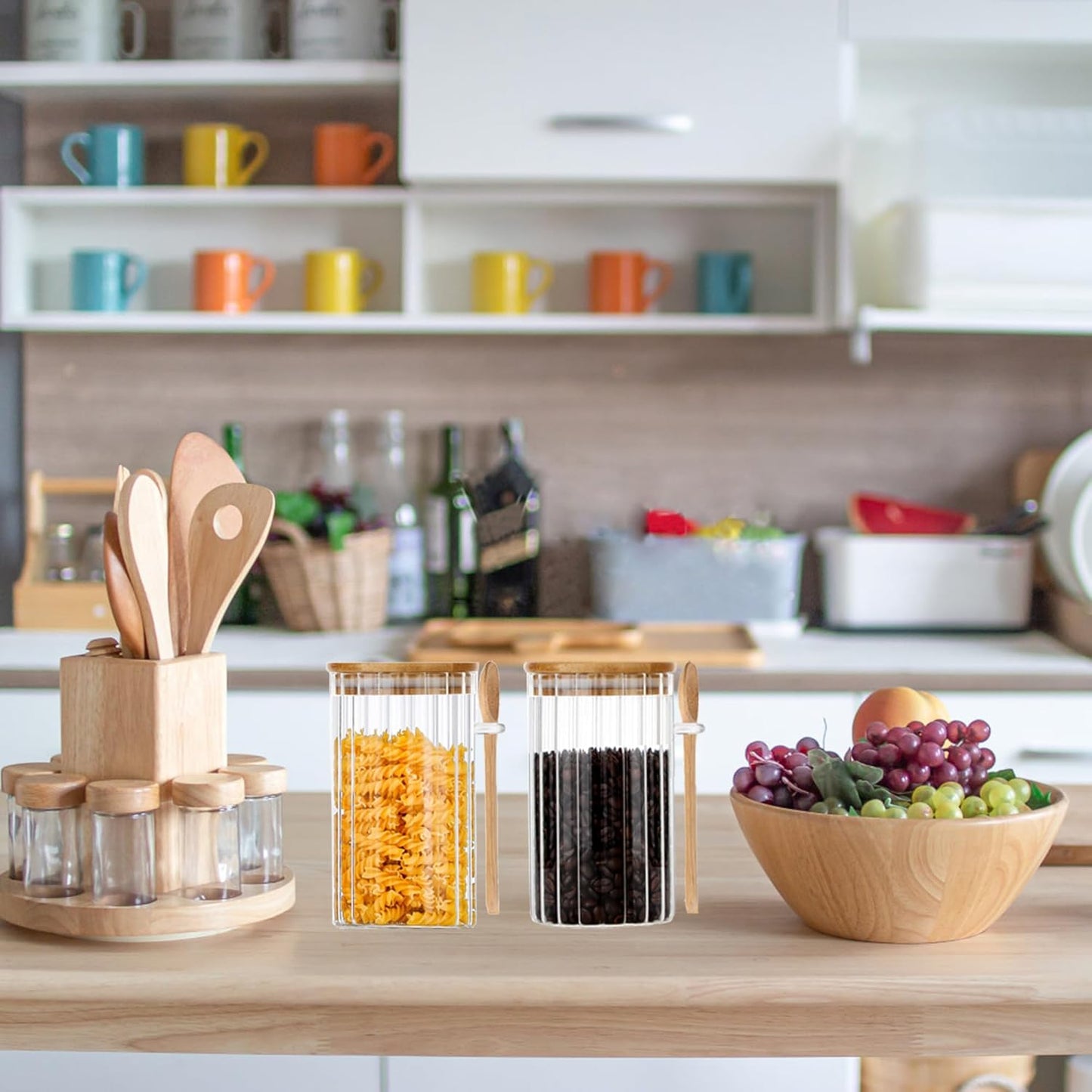 25 OZ Airtight Glass Jars with Bamboo Spoons Lids Overnight Oats Container Decorative Coffee Bar Food Storage Jar Cereal Nuts Salts Coffee Tea Flour Sugar Container Spice Jars (2Pack)