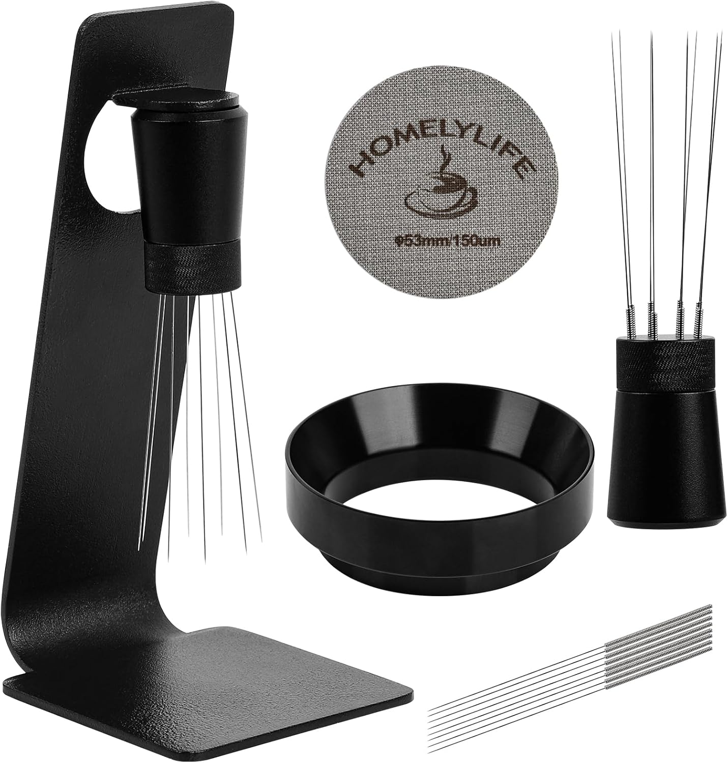 WDT Tools Espresso Puck Screen, 53mm Espresso Accessories Kit - 150μm Puck Screen Set, 0.25mm 316 Stainless Steel 8 Needles Coffee Distribution Stirrer, Portafilter Dosing Ring for Barista Black