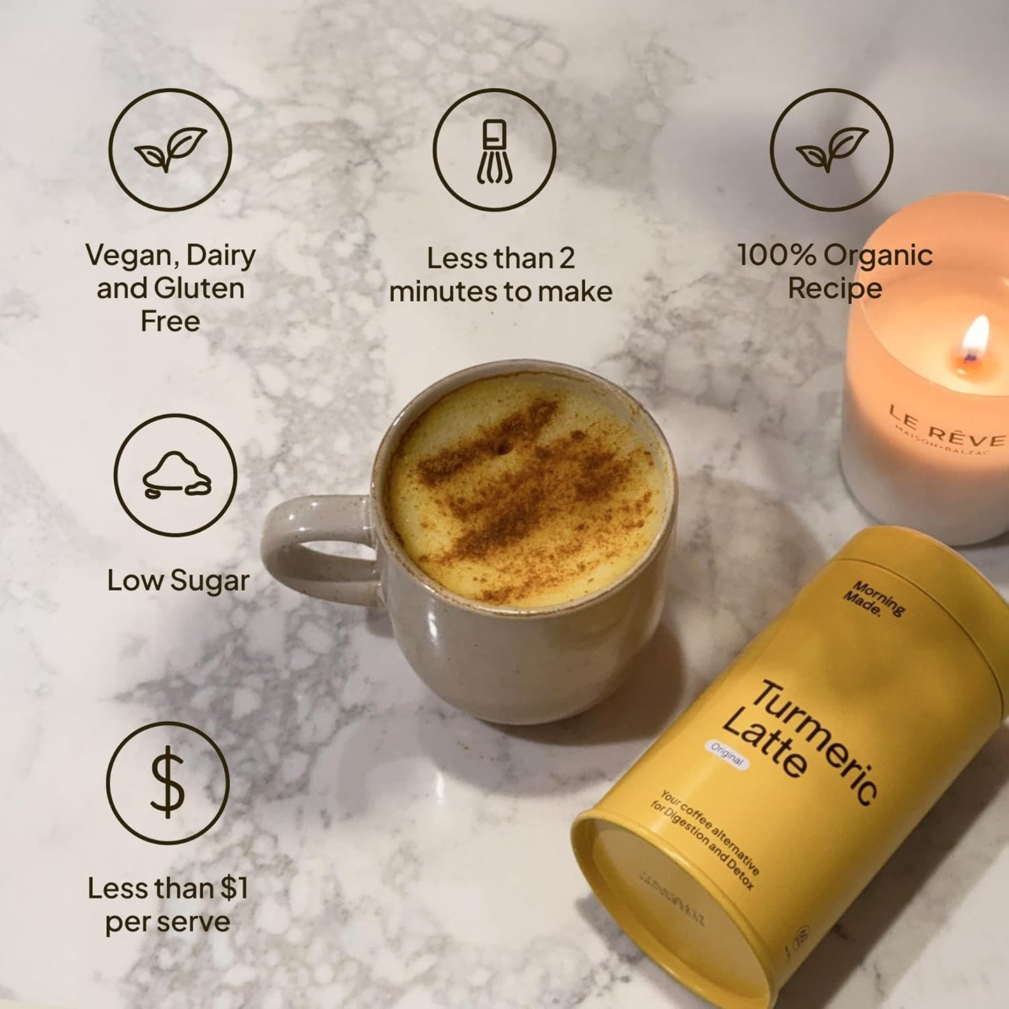 Morning Made Turmeric Latte Powder | Organic Turmeric, Ginger, Cinnamon & Black Pepper Blend, Caffeine-Free Coffee Alternative | Vegan, Gluten-Free, Low Sugar | 10.6oz (60 Serves)