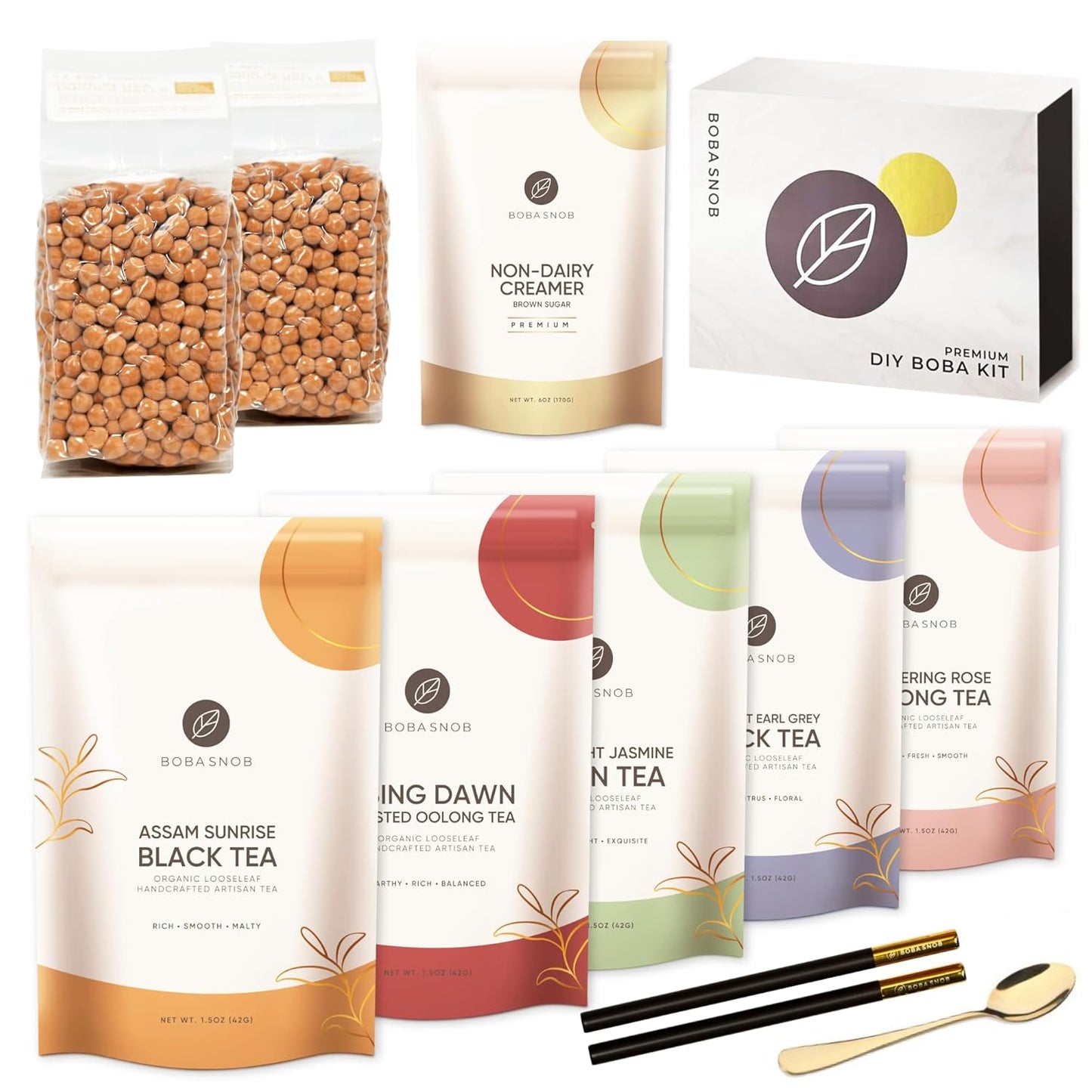 Boba Snob Boba Tea Making Kit, Bubble Tea Kit with Boba Gift Set, Boba Tea Maker Kit with Premium Loose Leaf Teas, Tumbler, Two Stainless Steel Boba Straws, Teaspoon, and Tapioca Boba Pearls (Large)