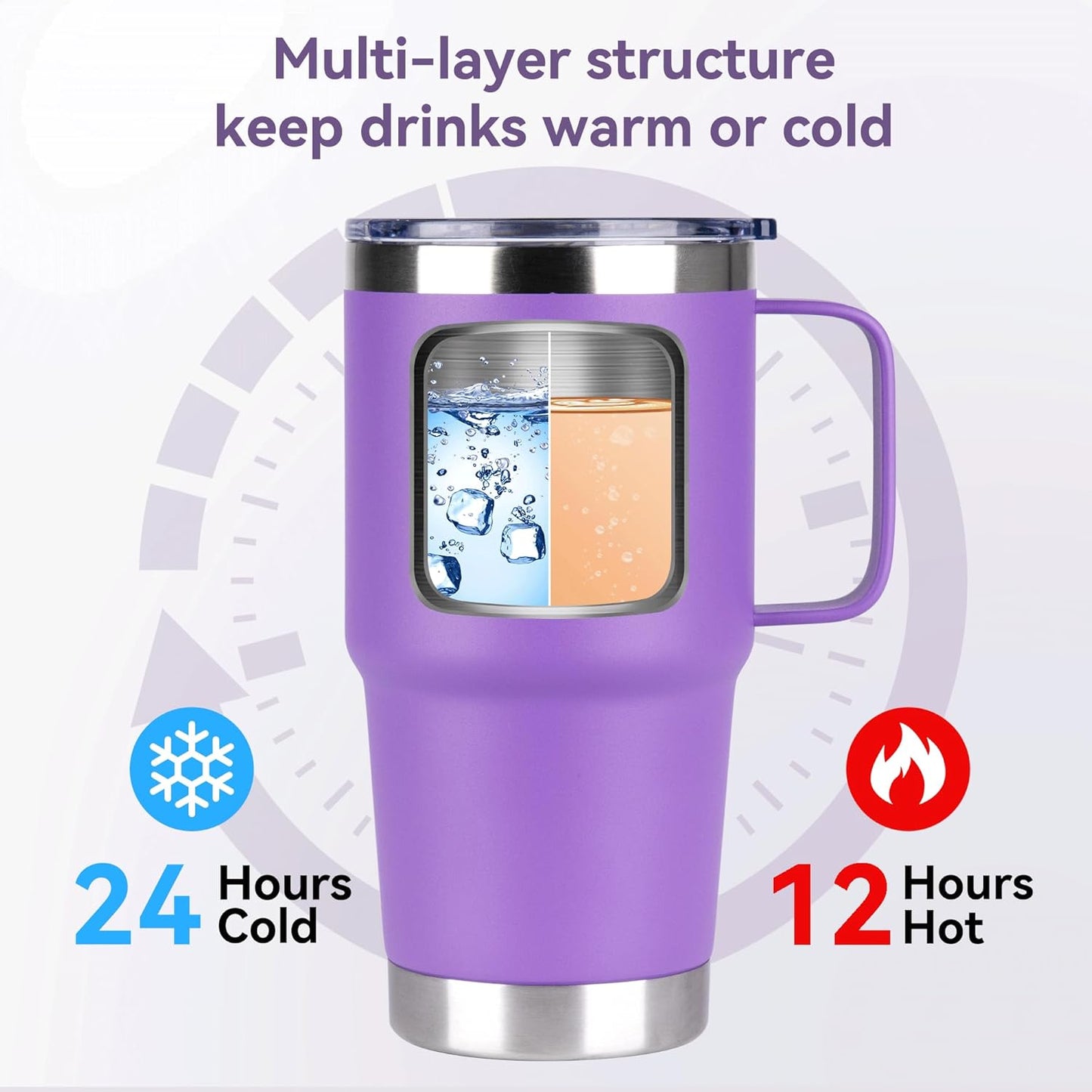 HASLE OUTFITTERS 20oz Tumbler Bulk with Lid, Stainless Steel Tumbler Bulk with Handle, Metal Insulated Travel Coffee Mug Set with Handle, Double Wall Vacuum Leak Proof Tumbler Cup, Purple 6 Pack