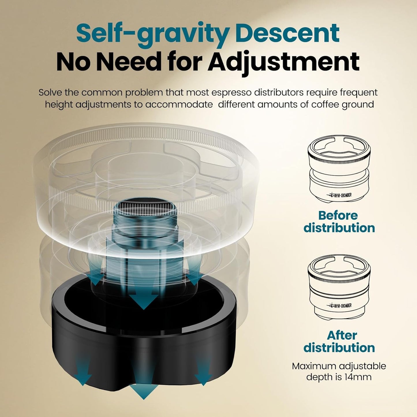 MHW-3BOMBER 53.3mm Coffee Distributor for Breville, Gravity Espresso Distribution Tool with Adaptive Height for Barista, Coffee Leveler for 53mm/54mm Portafilter, Astra Distributor, T7020-OS