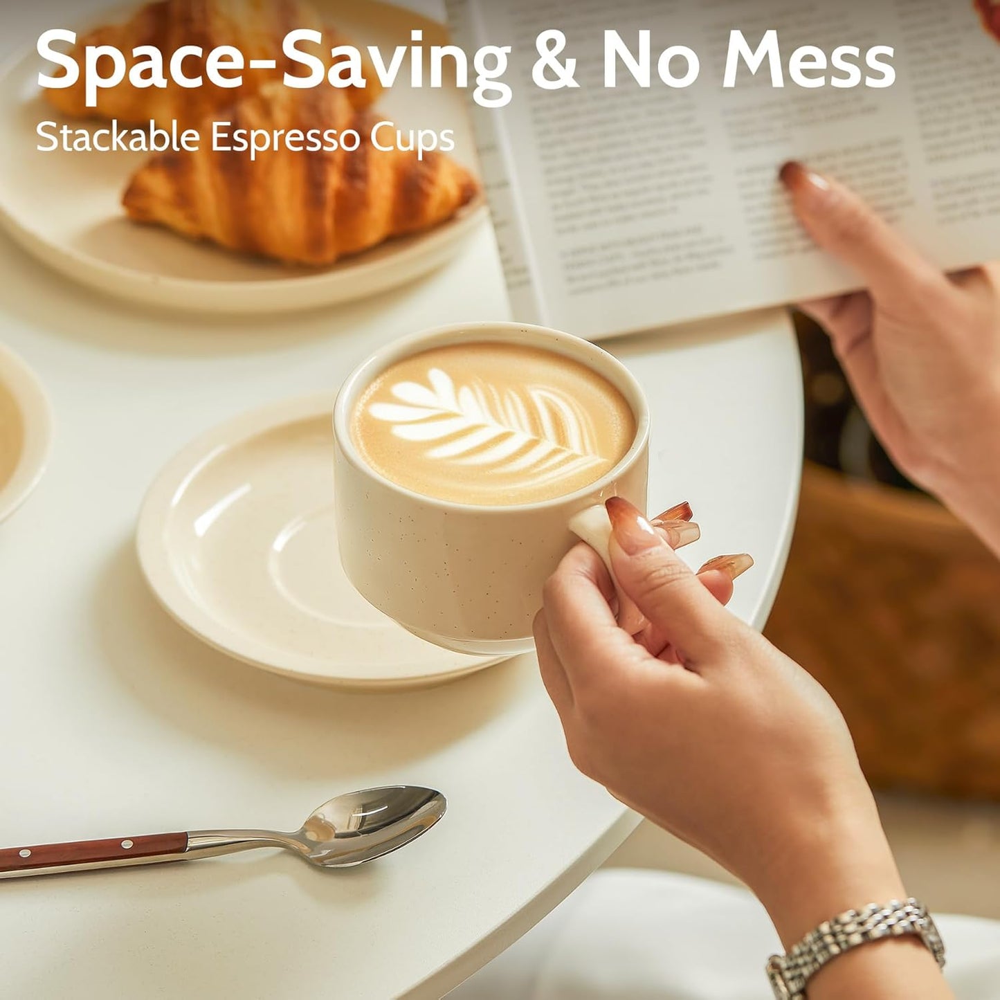 Sweese 8oz Porcelain Cappuccino Cups Set with Saucers, Metal Stand - Stackable, Durable for Coffee, Latte, Tea - Beige, 4 Pack