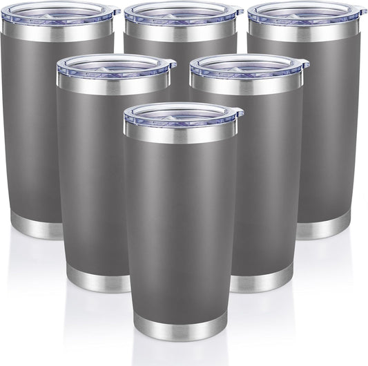 20 oz Tumblers Bulk Stainless Steel Tumbler with Lid Double Wall Vacuum Insulated Coffee Mug 20oz Powder Coated Cup for Hot and Cold Drinks, Gray, 6 pack
