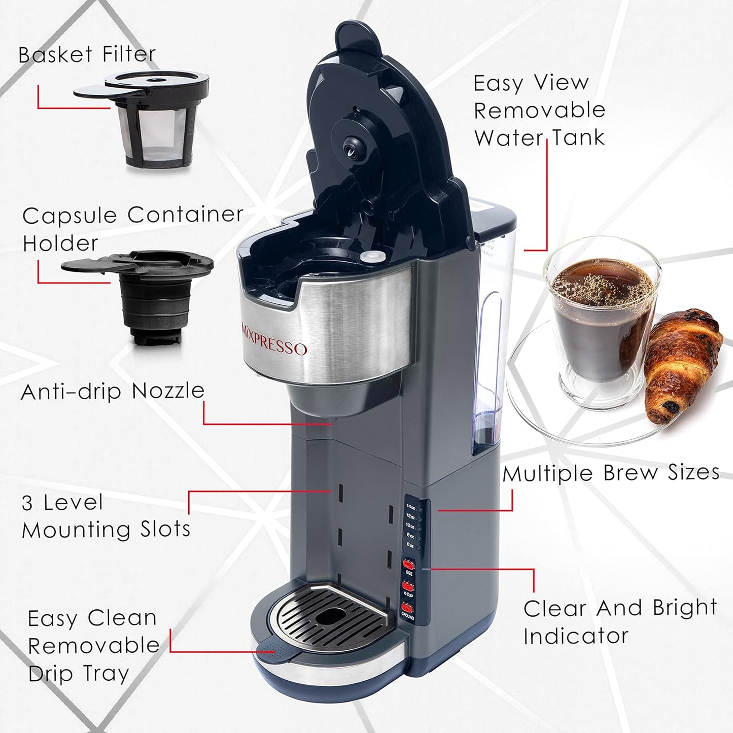 Mixpresso Gray Single Serve Coffee Brewer K-Cup Pods Compatible & Ground, 30 oz Compact Coffee Maker Single Serve With 5 Brew Sizes Up To 14 Oz, Fits Travel Mug, Adjustable Drip Tray