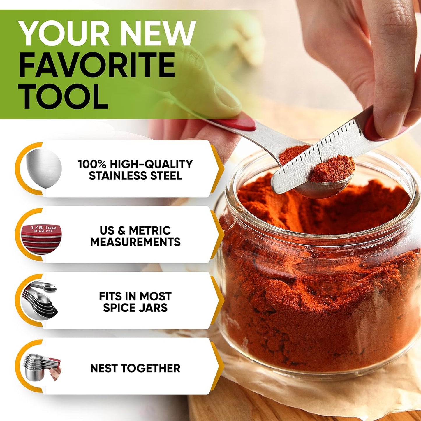 Spring Chef Magnetic Measuring Cups & Spoons Set (Patent Pending), Strong N45 Magnets, Heavy Duty Stainless Steel Fits in Spice Jars for Baking & Cooking, BPA Free, Round Set of 15 with Leveler, Red