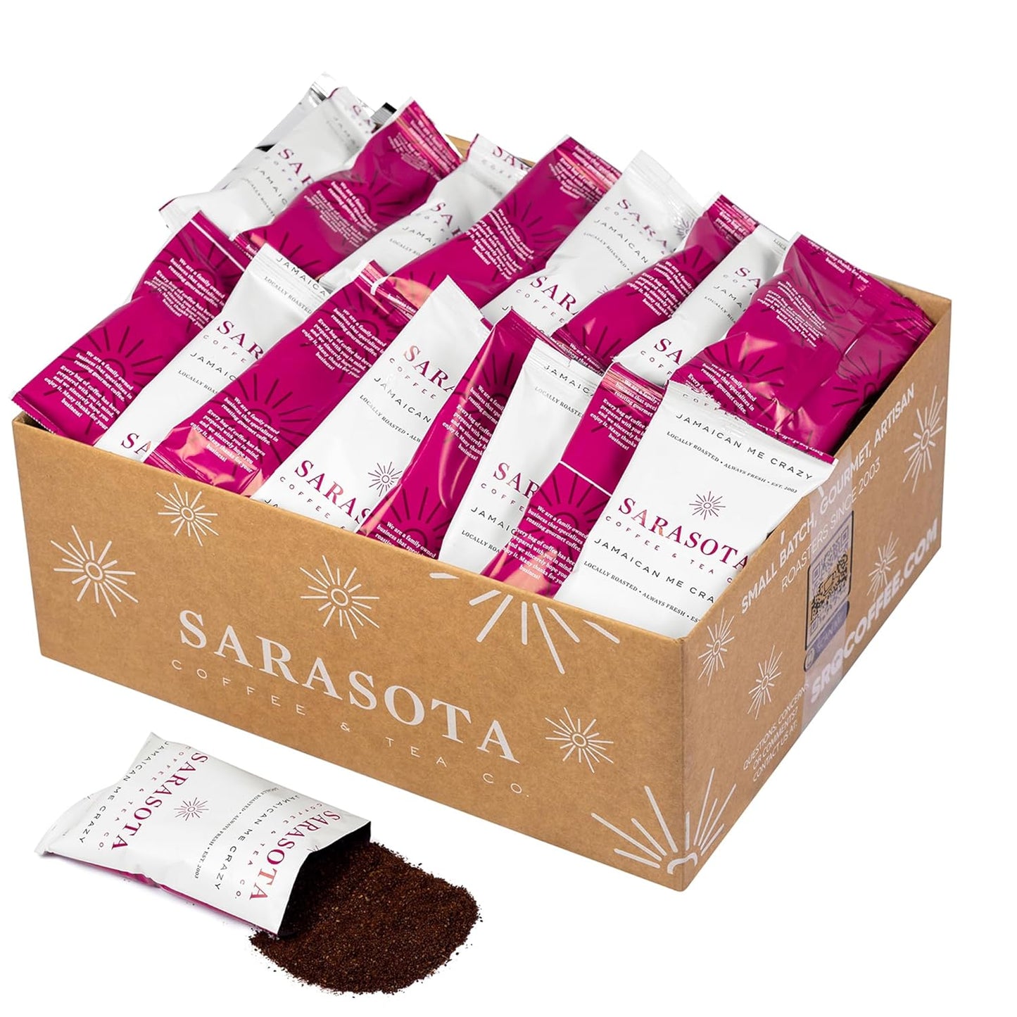 Sarasota Coffee Ground Packets | Gourmet Flavored Medium Roast Bulk Coffee Packs | Jamaican Me Crazy | Low Acid Mold Free Singles Individual Pouches for 12 Cup Coffee Maker | 2 Ounce Bags, 36 Count