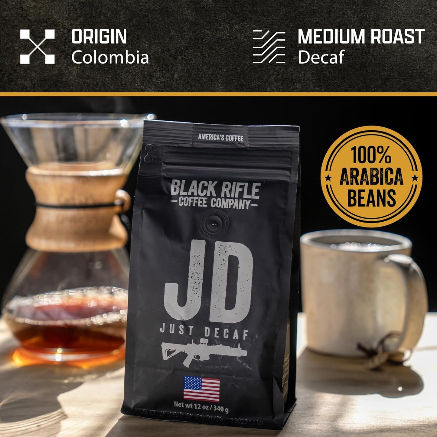 Black Rifle Coffee Company Ground Coffee Medium Roast - Roasted Blend Made from Pure Arabica Beans - Colombian & Brazilian Beans - Veteran Founded & American Made (Just Decaf, 12oz Bag)