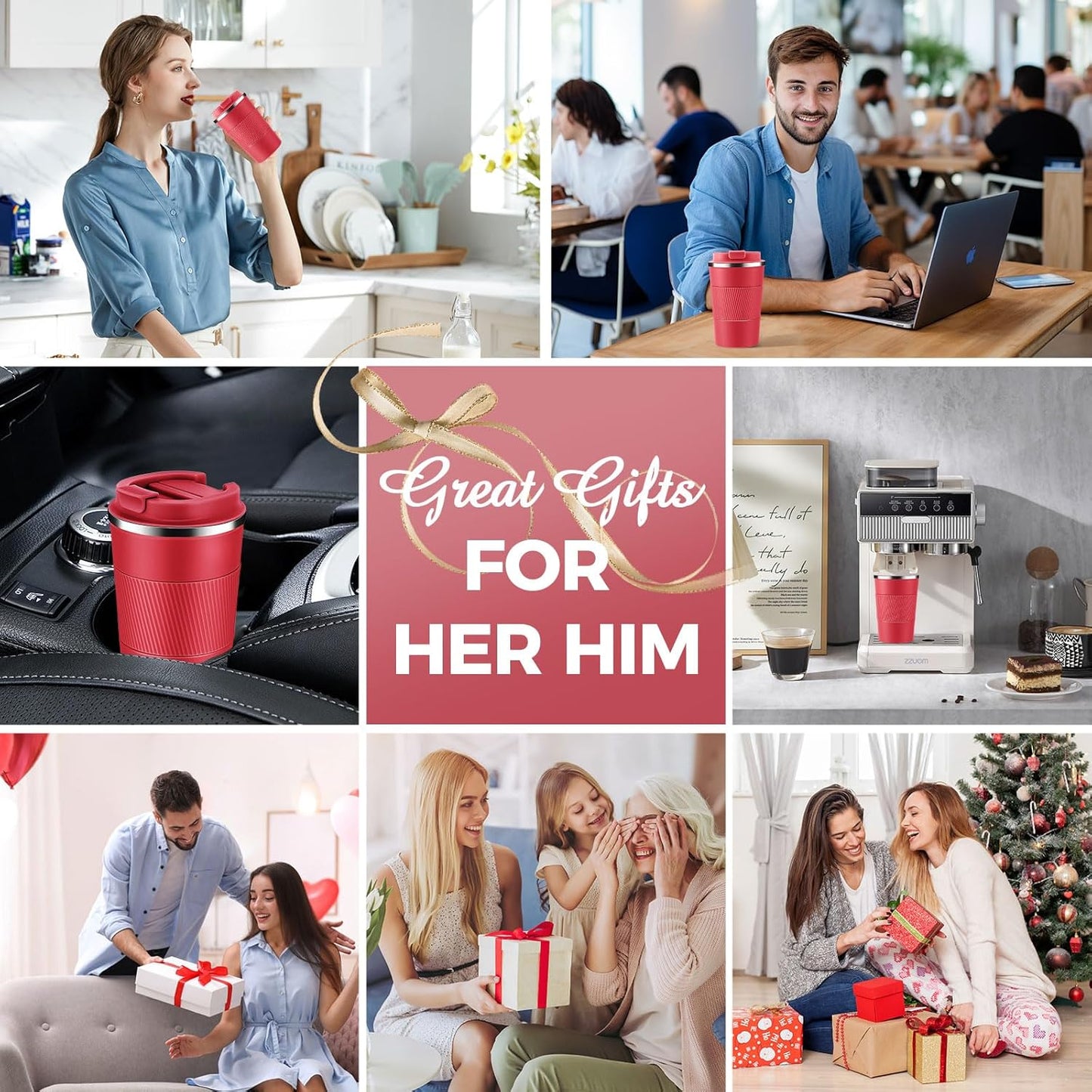 Volhoply 13 oz Stainless Steel Insulated Travel Coffee Mug with Fip Lid Bulk 4 Pack,Reusable Double Wall Vacuum Metal Coffee Cup,Portable Leak Proof Thermal Tumbler for Hot & Cold Drinks(Red,4)