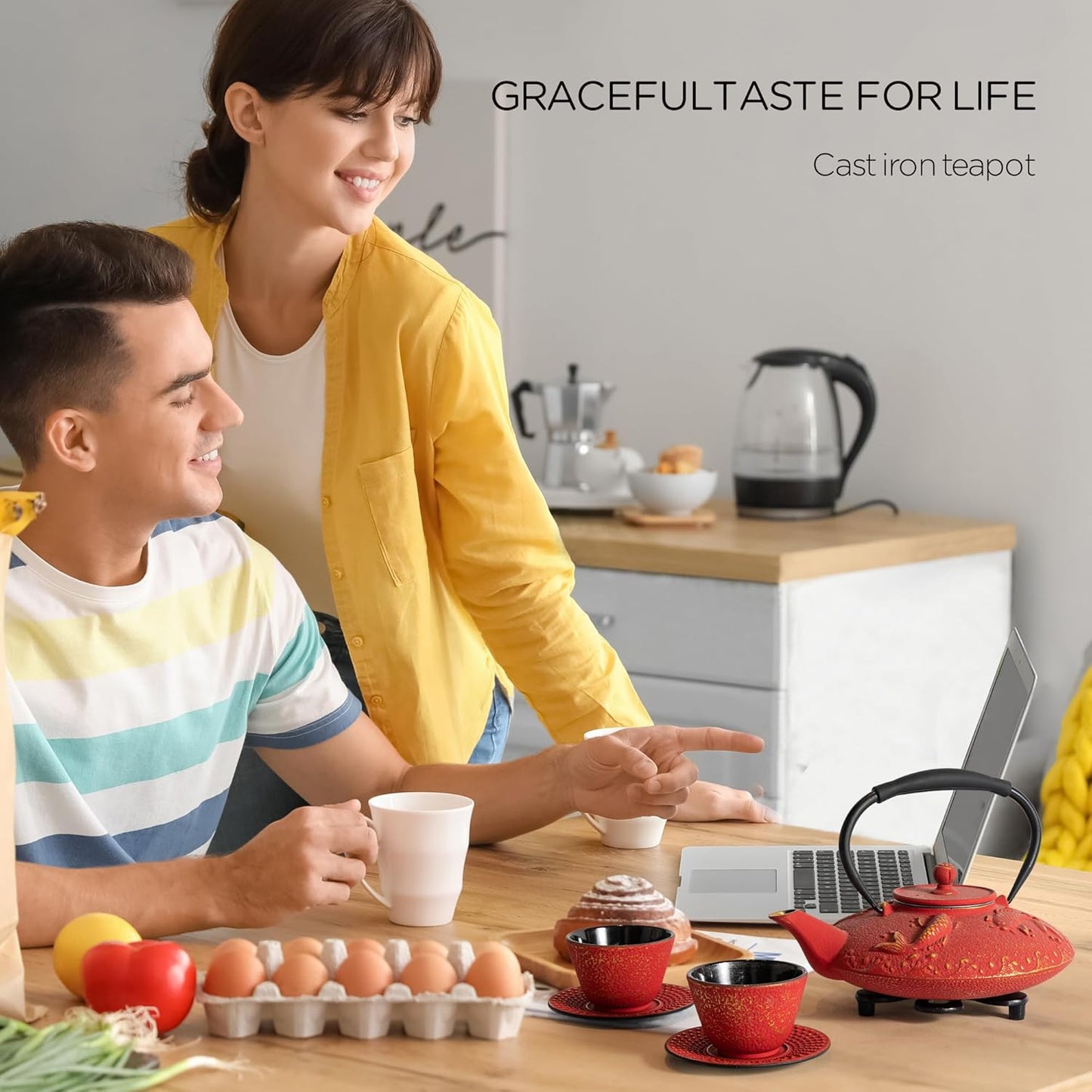 Cast Iron Teapot Set with 2 Tea Cups, 7Pcs Japanese Tea Kettle with Stainless Steel Infuser, Tea Pot Coated with Enameled Interior, Fish Pattern, 27oz 780ml Red