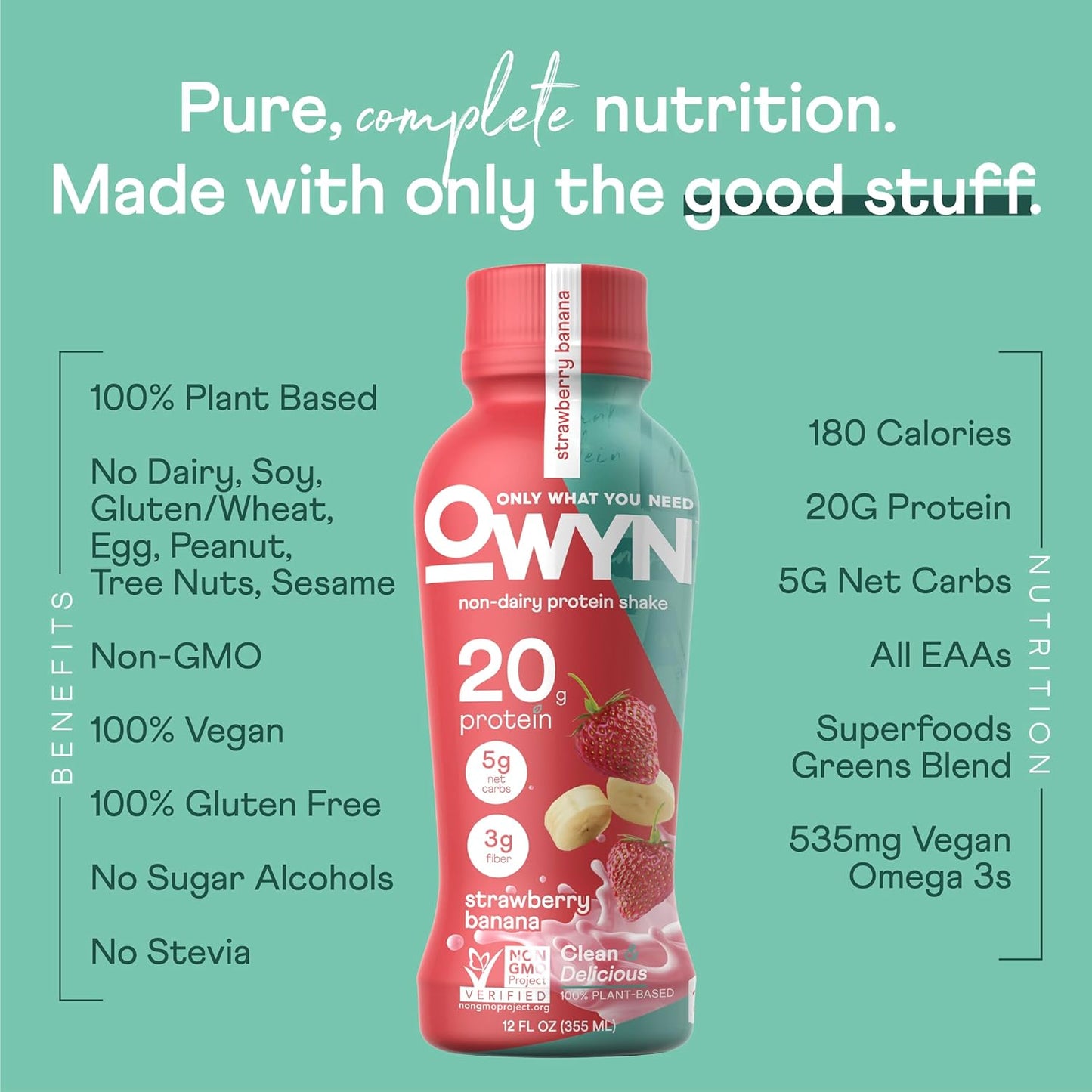 OWYN Only What You Need Vegan Protein Shake, Strawberry Banana,12 Fl Oz (Pack of 12), 100-Percent Plant Based, Dairy & Gluten Free, Soy & Tree Nut-Free, Egg-Free, Allergy-Free, Vegetarian, Kosher