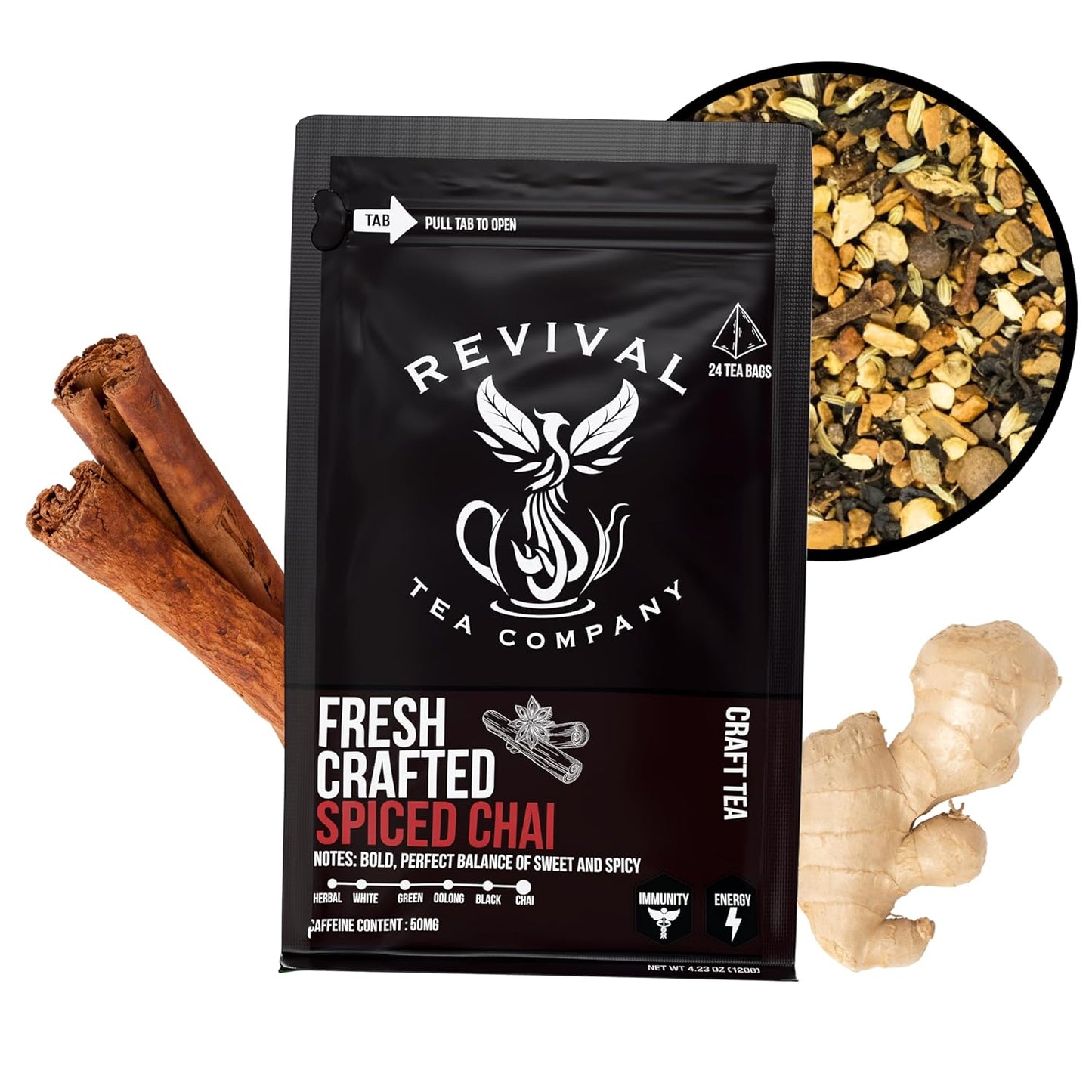 Revival Tea Company Fresh Crafted Spiced Chai Tea - Black Tea Blend with Fresh Spiced Chai Flavor - 24 Tea Bags