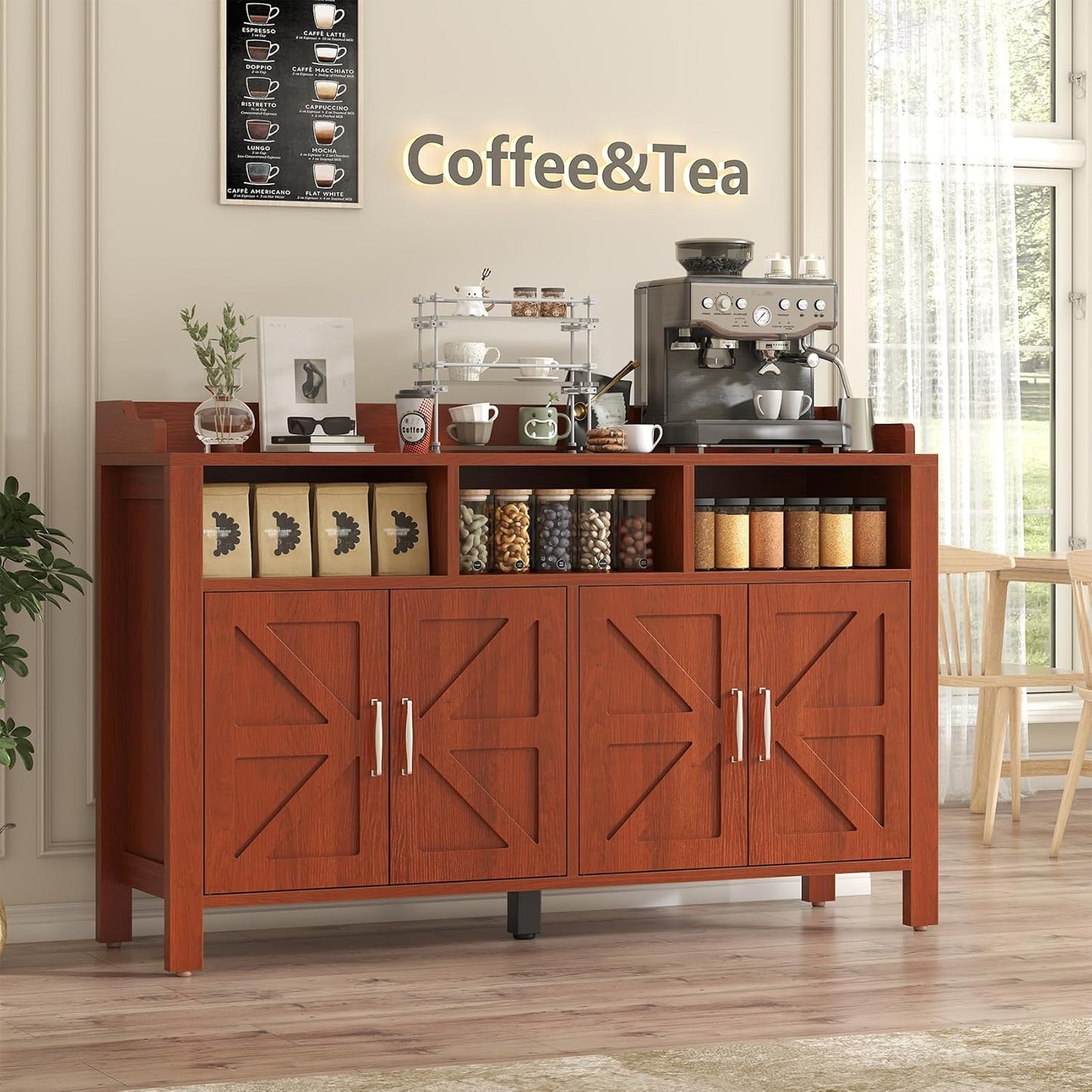 Buffet Cabinet with Storage Farmhouse with 4 Doors and 3 Open Compartments, 55'' Large Kitchen Storage Cabinet Cherry Wood Coffee Bar Buffet Sideboard for Kitchen, Dining Room, Living Room