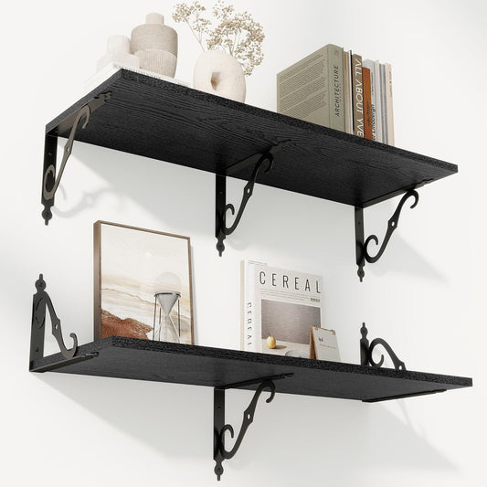 RICHFOCUS 12 Inch Deep Floating Shelves for Wall, 31.5" W x 12" D Black Wood Wall Shelves Set of 2, Wide Floating Shelves for Living Room, Bedroom, Kitchen, Bathroom and Decor Storage, Black