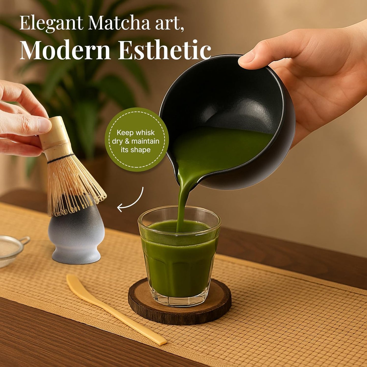 Matcha Whisk Set,includes Matcha Bowl,Matcha Whisk and Holder by Bamboo, Spout, Matcha Sifter Strainer Spoon Scoop Chasen Holder Towel- Perfect Japanese Matcha Set(8 Pcs White)