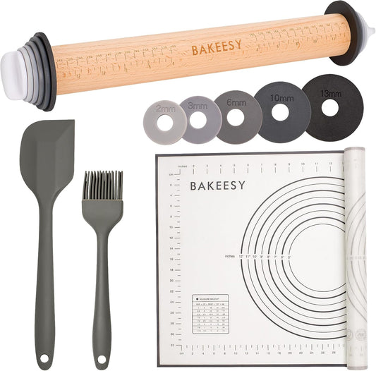 Bakeesy's 14' Wooden Rolling Pin Set with 5 Adjustable Thickness Rings - Roller Pin for Rolling Pizza, Cookie Dough, Pastry, Ravioli, Clay Slab - Full Set with Accessories - Perfect Baking experience