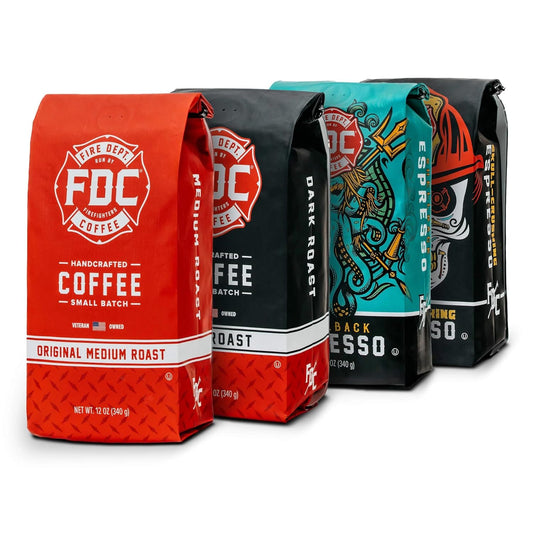 Fire Department Coffee - Gives Back to Firefighters - Rescue Variety Pack - Ground Coffee - Medium, Dark, Shellback Espresso, & Skull Crushing Espresso - Veteran Owned (12 oz, Pack of 4)