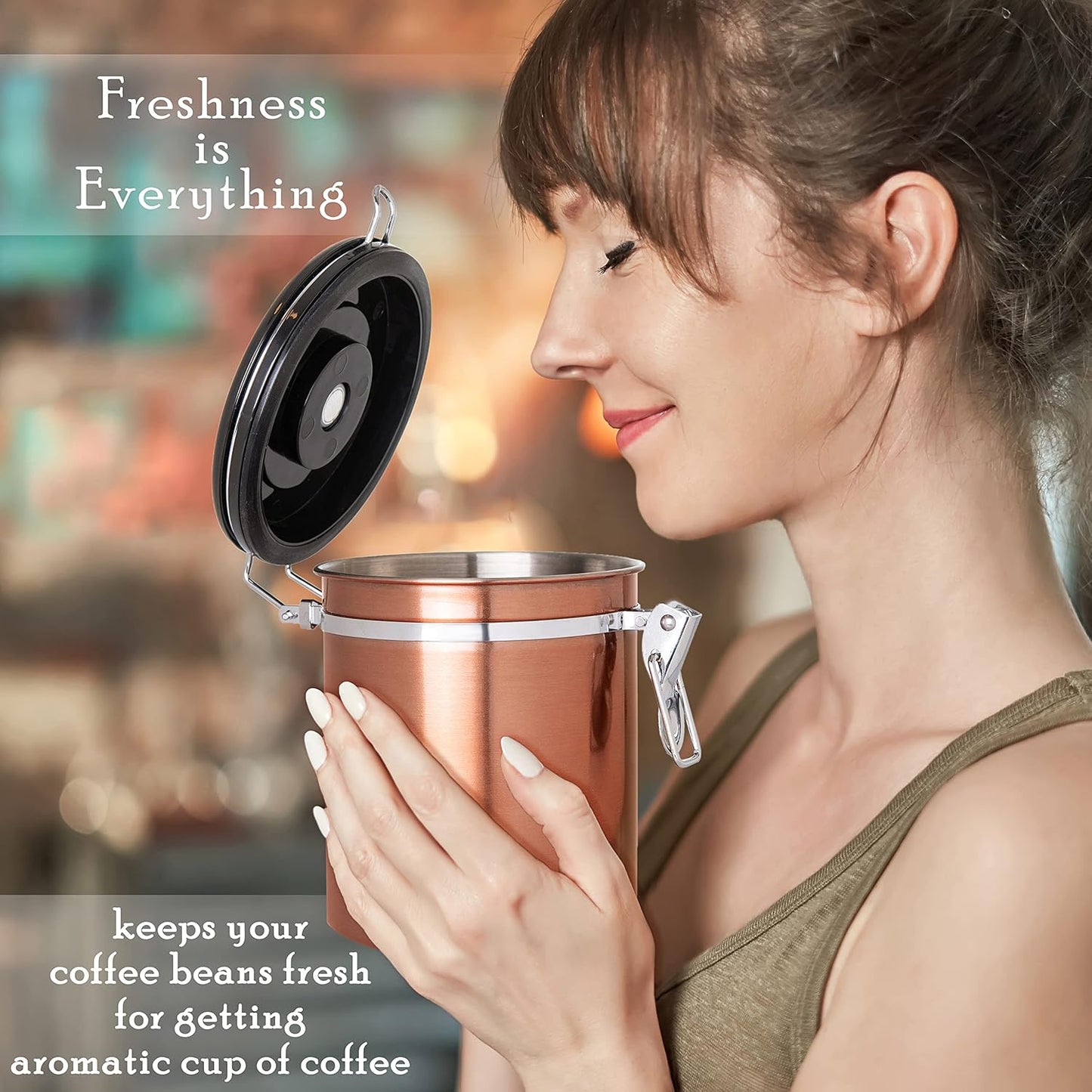 Mixpresso 16 Oz Copper Coffee Canister, Stainless Steel Airtight Coffee Container, Ground and Bean Storage with Date Tracker, Vacuum Sealed Espresso Airtight Container, Sugar Container