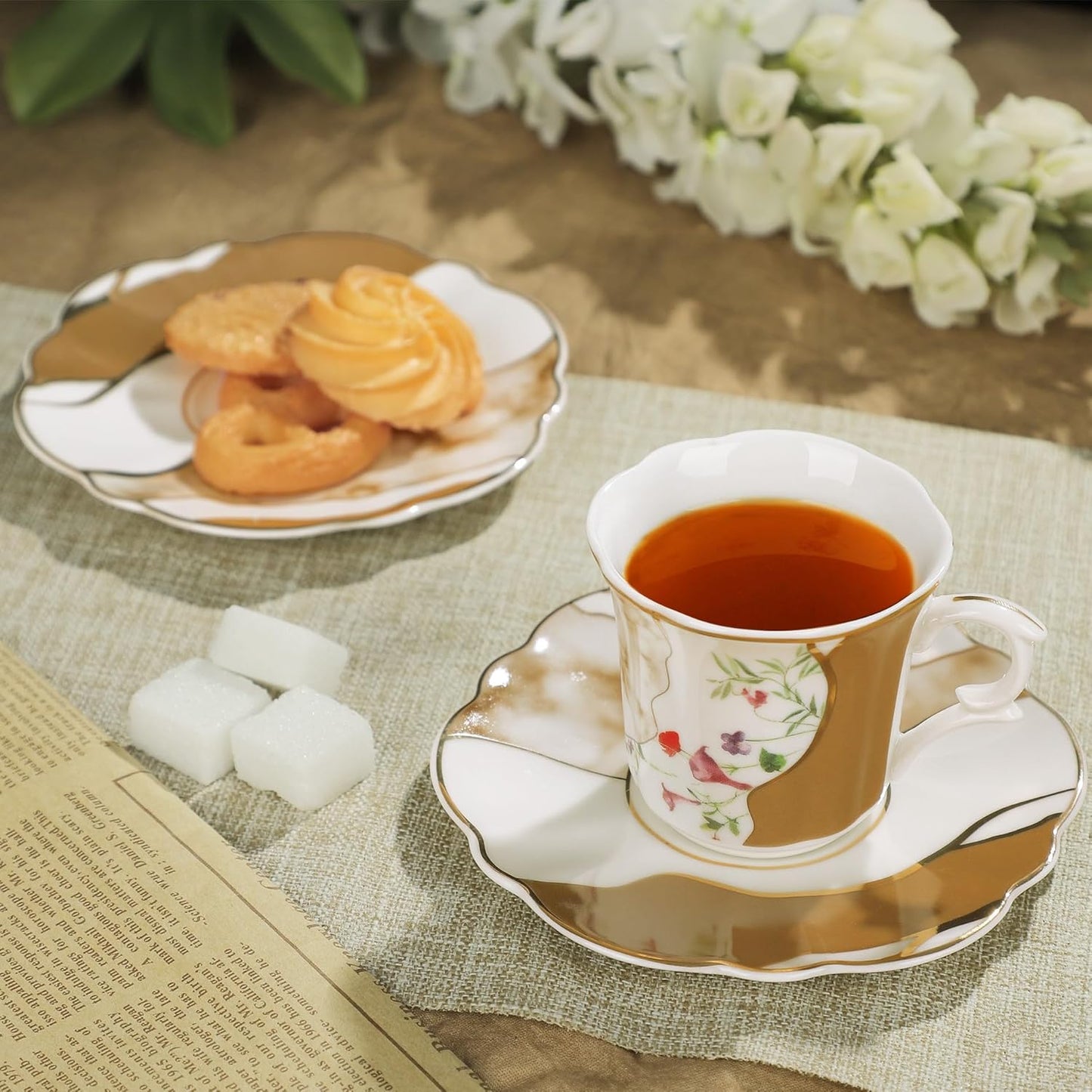 fanquare 2.5 Ounce Demitasse Cup and Saucers, 12 Pieces Ceramic Espresso Cups Set of 6, Brown Marble Pattern Espresso Mugs for Coffee Bar Home