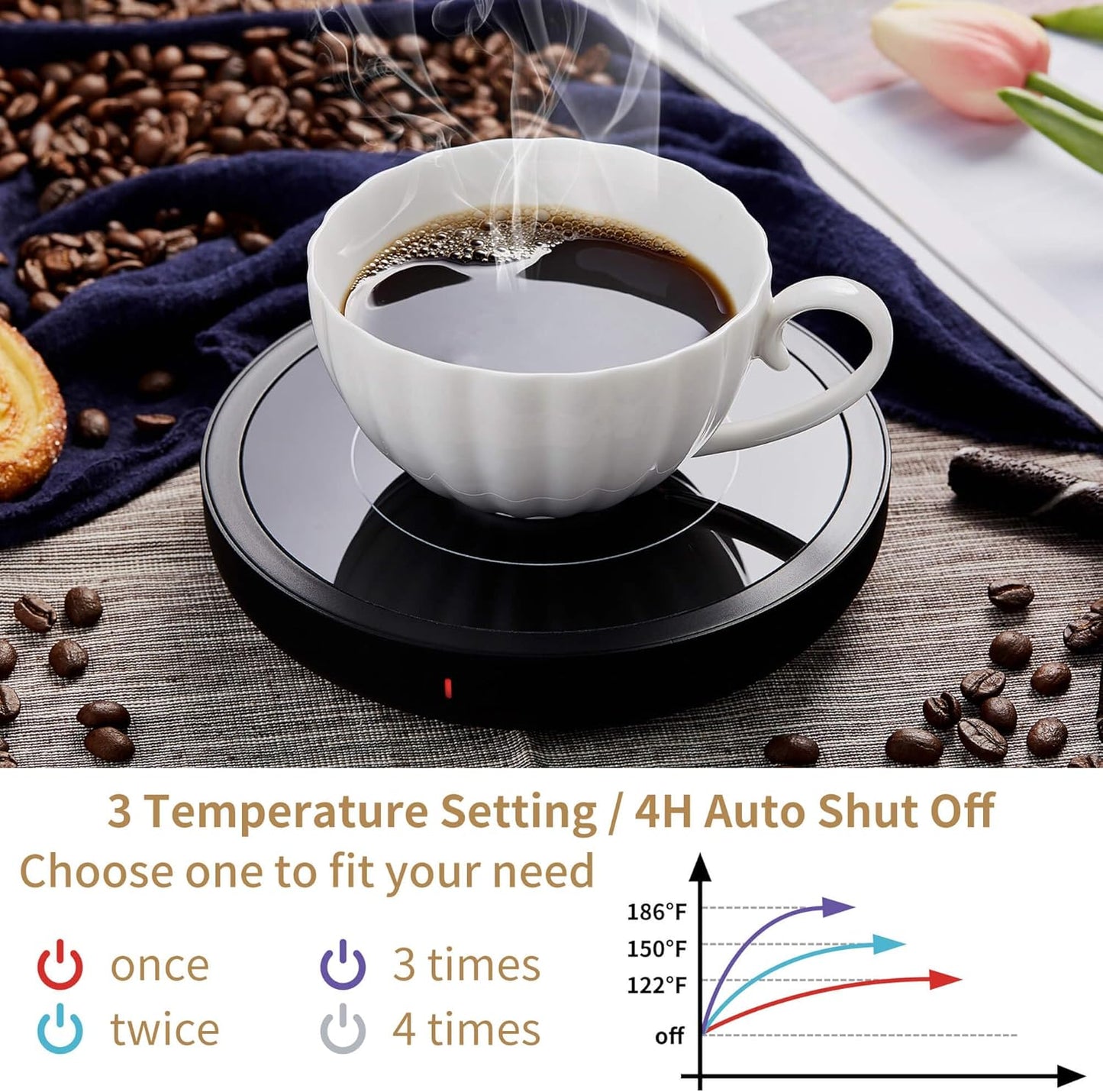 Coffee Mug Warmer for Desk 4H Auto Shut Off, Smart Coffee Cup Warmer with 3 Temperature Setting, Electric Mug Warmer Plate for Coffee, Milk, Tea (Black)