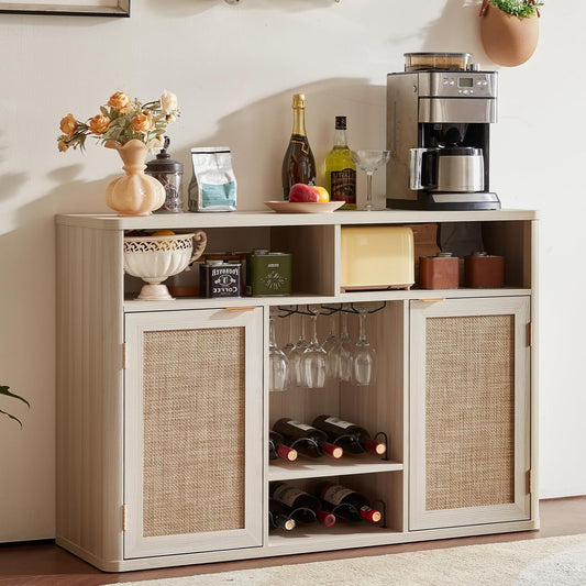 Lerliuo 47.2" Rattan Wine & Liquor Cabinet with 2 Doors, Boho Farmhouse Coffee Bar Station, Built-in Wine Racks & Storage, Adjustable Shelves for Living Room, Dining Room, Kitchen, Grey White