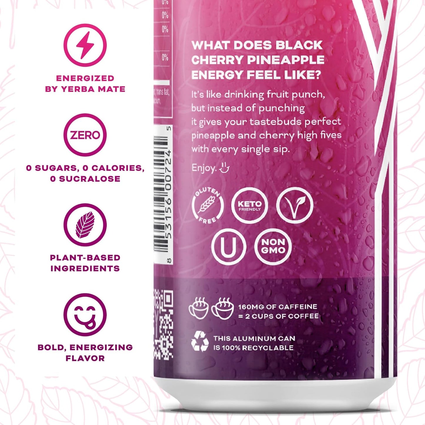 Yerbaé Energy Beverage - Black Cherry Pineapple, 0 Sugar, 0 Calories, 0 Carbs. Yerbae is Energized by Yerba Mate, Plant-Based, Healthy Alternative to Sugary Drinks, 16oz cans (12 Pack)
