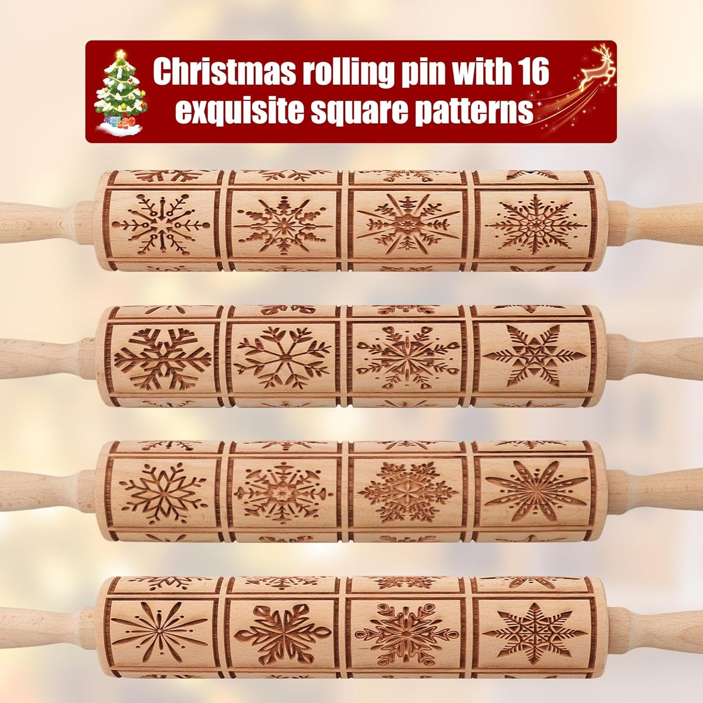 17" Premium Wood Rolling Pin with Snowflake Embossed Designs | 3mm Deep Springerle Cookie Molds | Christmas Rolling Pin & Baking Gifts for Women | Includes 3-in-1 Cleaning Brush