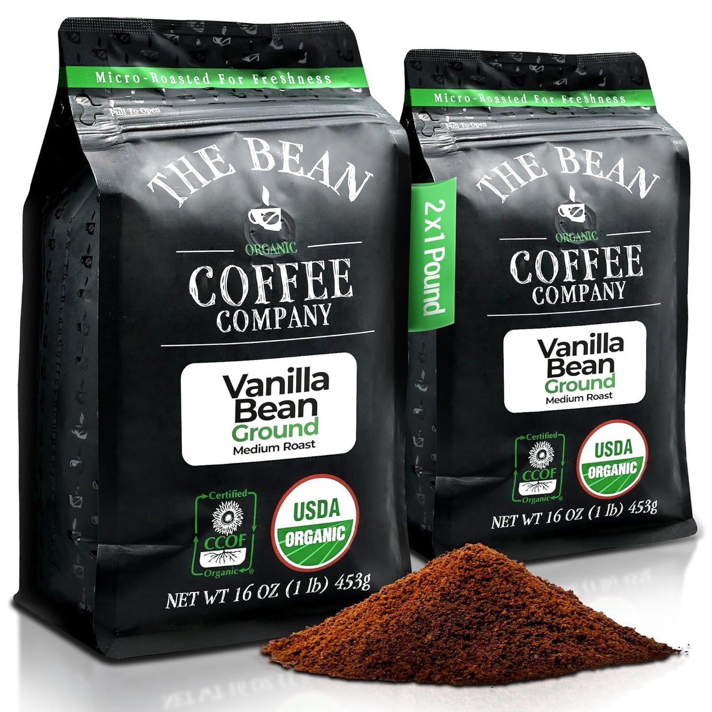 The Bean Organic Coffee Company Vanilla Bean, Medium Roast, Ground Coffee, 16-Ounce Bags (Pack of 2),Café molido tostado organico