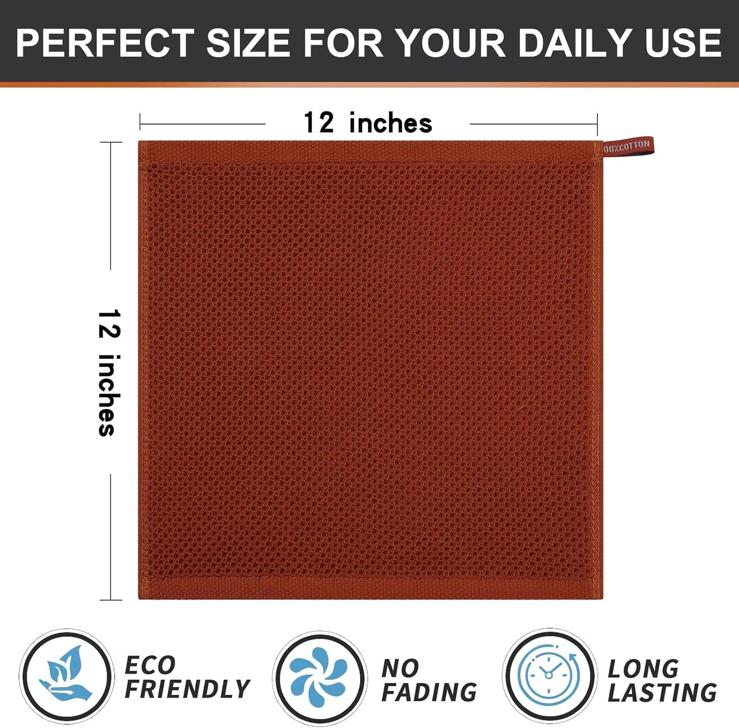 Kitinjoy 100% Cotton Kitchen Dish Cloths, 12 Pack Waffle Weave Ultra Soft Absorbent Dish Towels for Drying Dishes Quick Drying Kitchen Towels Dish Rags, 12 X 12Inch, Rust