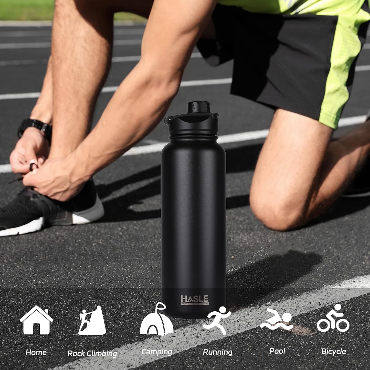 HASLE OUTFITTERS 40oz Stainless Steel Water Bottle, Vacuum Insulated Double Walled Leak Proof Sports Water Bottle with 2 Lids (Straw and Spout Lid) Thermo Mug Keep Cold and Hot(Black,1)